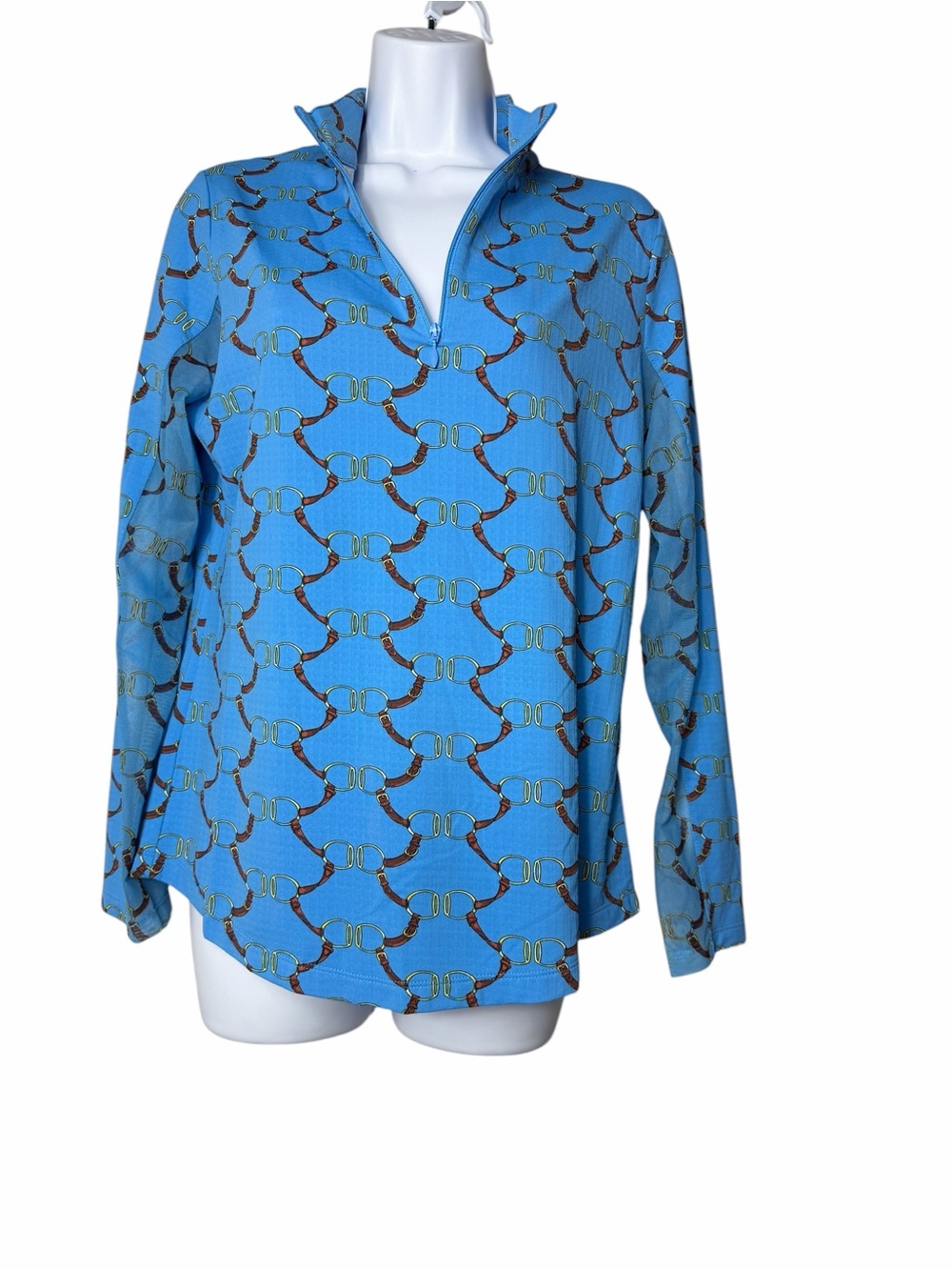 NWT Ladies IBKUL Belmont Blue Long Sleeve Mock Golf Shirt - Size Medium